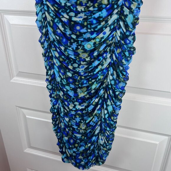 GANNI Floral Mesh Ruched Midi Dress in Azure Blue Sheer Size 4 - Picture 4 of 7